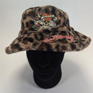 Ed Hardy Leopard Print Faux Fur Bucket Hat W/ Embroidered Skull & Roses Patch